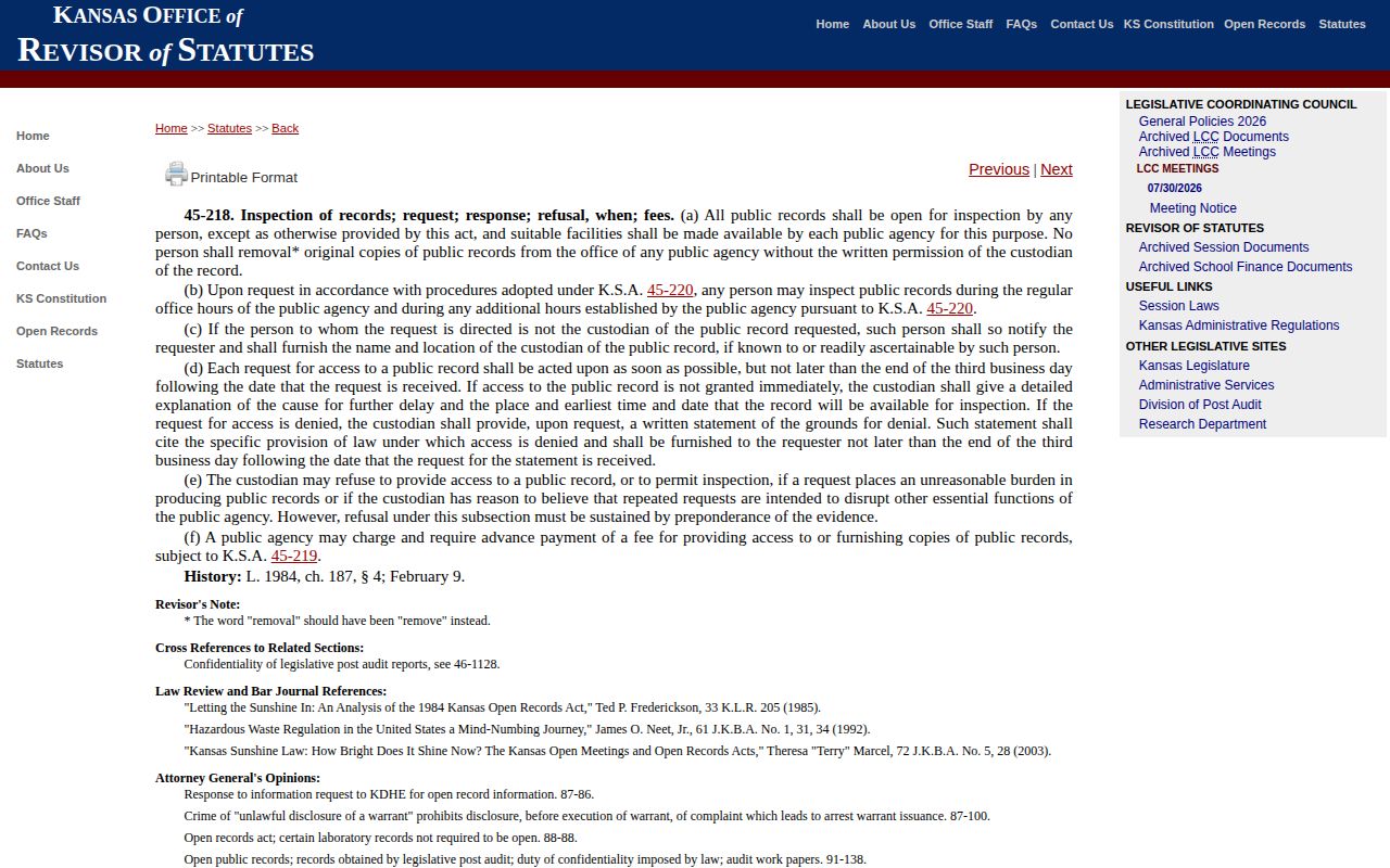Kansas Open Records Act for Rush County 72-hour release records