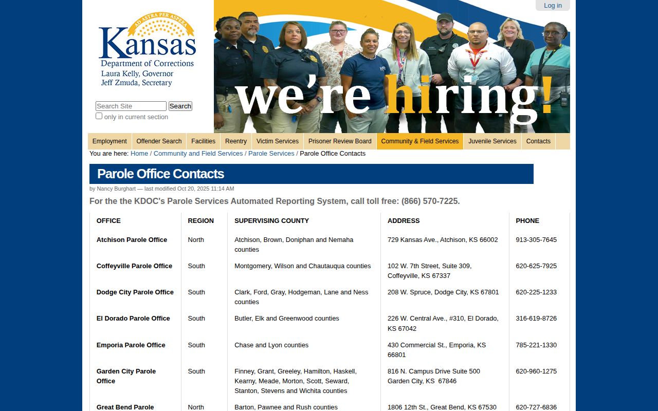 KDOC contacts for Rush County parole and probation through Great Bend