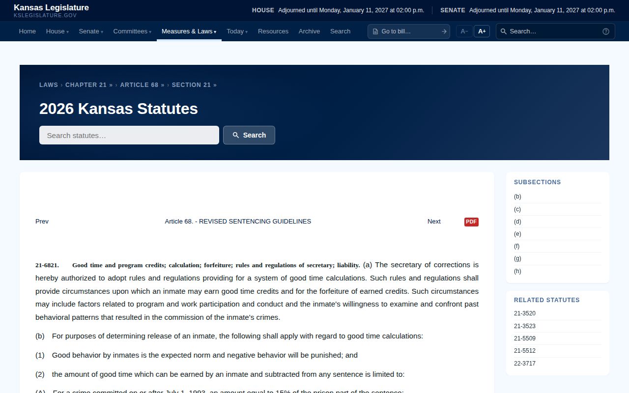 Kansas statute governing Rush County projected release date credits